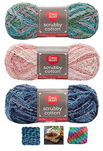 Coats Red Heart Cotton Scrubby Yarn Bundle 3-Pack Plus 3 Patterns 100% Cotton Medium Gauge (Paradise Calm Blissful)
