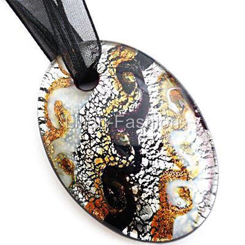 Silver Black Oval Handmade Lampwork Glass Murano Bead Pendant Ribbon Necklace