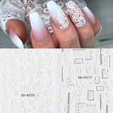 5D Stereoscopic Embossed Nail Art Stickers White Flower Nail Decals Relief Self-Adhesive Butterfly Nail Stickers Nail Art Supplies Nail Designs for Women DIY Acrylic Nail Decorations (3 Sheets)