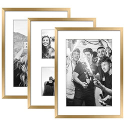 ArtbyHannah 3 Pack 11x14 Modern Gold Wood Picture Frame Collage Set for Wall Art Decor- Made to Display Photo 8x10 and 5x7 with Mat for Gallery Wall Kit or Home Decoration