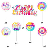 WATINC 25pcs Tie Dye Happy Birthday Cake Toppers Set, Art Retro 60s Themed Hippie Birthday Party Cup Cake Decoration Topper for Children Adults, Birthday Party Table Toppers Decor Baby Shower Supplies