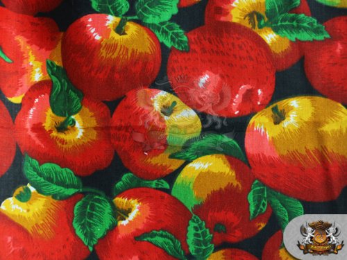 Polycotton Printed APPLE ALLOVER BLACK Fabric / 59" Wide / Sold by the yard