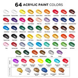 Acrylic Paint Set (64 Colors, 22 ml Tubes, 0.74 oz.) for Canvas, Crafts, Wood Painting - Rich Pigment, Non Fading, Vibrant Non Toxic Paints for Kids, Adults, Beginner & Professional Artists