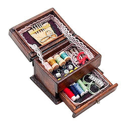 BARMI 1/12 Doll House Chinese Wooden Sewing Kit Box Miniature Scene Accessory Decor,Perfect DIY Dollhouse Toy Gift Set