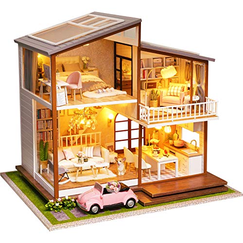 Dollhouse Miniature with Furniture,DIY 3D Wooden Doll House Kit Duplex Villa Style Plus with Dust Cover and Music Movement,1:24 Scale Creative Room Idea Best Gift for Children Friend Lover A080