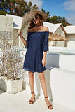 OURS Womens Off Shoulder Lace 3/4 Sleeve Strapless Summer Mini Dress Navy Blue XL