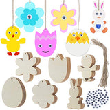 120Pcs Wooden Easter DIY Decorations Unfinished Wooden Crafts Eggs Rabbits Flower Shapes Cutouts Hanging Tags Gift Tags Treats Tags with Twines and Googly Wiggle Eyes for Party Decorations