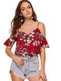 Romwe Women's Elegant Floral Print Cold Shoulder Ruffle Short Sleeve V-Neck Summer Blouse Top Red Medium