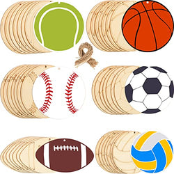 42 Pieces Sports Theme Wooden Cutouts Unfinished Wood Football Volleyball Baseball Basketball Soccer Tennis Shaped Wood Slices with Twines Wood Hanging Ornaments Sport Themed Party Home Decoration