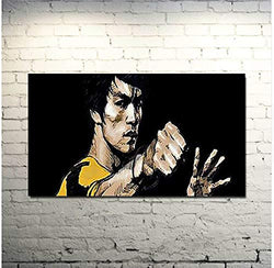 Faicai Art Famous Bruce Lee in Yellow Paintings Kung Fu HD Prints on Canvas Pop Art Black and White Art Wall Decor Graffiti Paintings for Living Room Sofa Office Decorations Wooden Framed 32"x48"