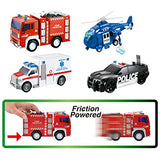 JOYIN 4 Pack Friction Powered City Hero Play Set Including Fire Engine Truck, Ambulance, Police Car and Helicopter Emergency Vehicles with Light and Sound