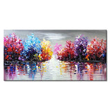 Large Hand Painted Purple Abstract Textured Tree Wall Art Lake Landscape Oil Painting on Canvas
