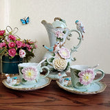 FORLONG Ceramic 7 Pieces Coffee Tea Sets, 3D hand-paint Flower and Bird Teapot and Cup Saucers Set for Wowan