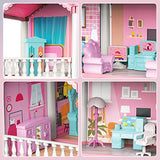 deAO Doll House Dollhouse - 3 Story 9 Rooms Pink DIY Pretend Play Building Playset, Dollhouse Asseccories and Furniture,Gift for 6 7 8 9 Girls Toddler