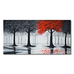 Everfun Art Hand Painted Landscape Oil Painting On Canvas Modern Contemporary Black and Red Forest Wall Art Abstract Tree Stretched Artwork Framed Ready to Hang ( 40x20 inch)