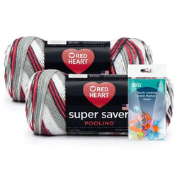 Red Heart Super Saver Yarn 2-Pack (5oz Each) Bundle with Benzy Quick Locking Stitch Markers (20ct) (Haute Pooling)