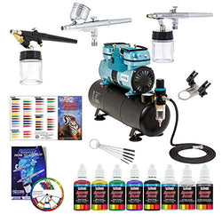 Powerful Master Airbrush Airbrushing System with 3 Airbrushes, 6 U.S. Art Supply Primary Colors Acrylic Paint Set - Cool Running 1/4 hp Twin Cylinder Piston Air Compressor with Air Storage Tank