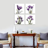 HLJ ART 4 Panel Elegant Tulip Purple Flower Canvas Print Wall Art Painting for Living Room Decor and Modern Home Decorations Photo Prints 12x12inch (Purple S)