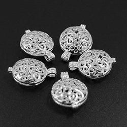 5pcs Silver Plated Round Hollow Magic Box Filigree Locket Necklace Fragrance Aromatherapy Essential