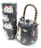 Japanese Design Maneki Neko Lucky Cat Black Ceramic Tea Pot and Cups Set Serves 4 Beautifully