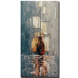 V-inspire Art, 24x48 Inch Modern Abstract Ocean Canvas Wall Art Hand Painted Oil Paintings - Ship That Sails Away - Beach Painting Nautical Artwork for Bathroom Living room Bedroom Decor
