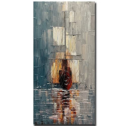 V-inspire Art, 24x48 Inch Modern Abstract Ocean Canvas Wall Art Hand Painted Oil Paintings - Ship That Sails Away - Beach Painting Nautical Artwork for Bathroom Living room Bedroom Decor