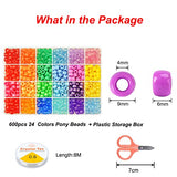selliner 600pcs Pony Beads for Bracelet Making Kit 24 Colors Kandi Beads Barrel Beads Set with Elastic String and Storage Box for Hair Braiding DIY Bracelet Necklace Key Chain Jewelry Making
