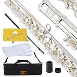 Glory Silver Plated Intermediate 17keys, Open/closed Hole C Flute with B Foot Joint,Offset G, with Case,cleaning Rod, Cloth, Joint Grease, and Gloves