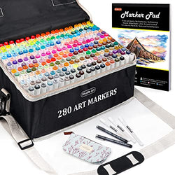 Shuttle Art 280 Colors Dual Tip Alcohol Based Art Markers, 279 Colors Permanent Marker Plus Colorless Blender, Micro-tip Pens, White Highlighter Pens, Marker Bag with Holders for Kids Adult Coloring