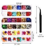 BaDan 48 Pcs Dried Flowers for Nail Art, butterfly Holographic glitter 12 color, 12 Colors Foil Nail Flake with Tweezers, nails and face body hair Holographic glitter powder(3 Boxes)