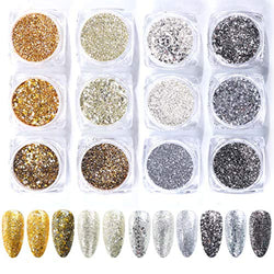 Mori Elves Nail Art Glitter Sequins 12 Boxes Gold Silver Cosmetic Festival Glitters 3D Holographic Nails Glitters Shining Flakes Nail Art DIY Manicure Decoration Kits
