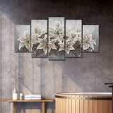 5 Panels Retro White Lily Floral Canvas Wall Art Print Abstract Flower Paintings Gray White Brown Plant Picture Home Decor Framed Artwork for Living Room Bathroom