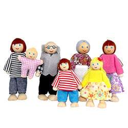 Wooden Doll House Family Dress-up Characters, Family Role-Play Dress-up Characters Grandpa, Grandma, Mom, Dad, Children, Baby Family of 7