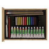 US Art Supply 62-Piece Wood Box Easel Painting Set- Including Box Easel, 12-tubes of Acrylic