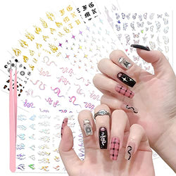 10 Sheets Girls Nail Art Stickers,3D Nail Art Stickers Decals, Gold Nail Art Stickers,3D Metal Silver Flame Nail,Including: Snake, Butterfly, Starburst, Flame Pattern 3D Laser Nail Art Decals