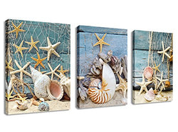 Canvas Wall Art Bathroom Wall Decor Starfish Shell Fishing Net Sands Beach - 3 Pieces Contemporary Pictures Modern Canvas Artwork for Home Decoration Framed Ready to Hang Gray Blue Themes 12" x 16"