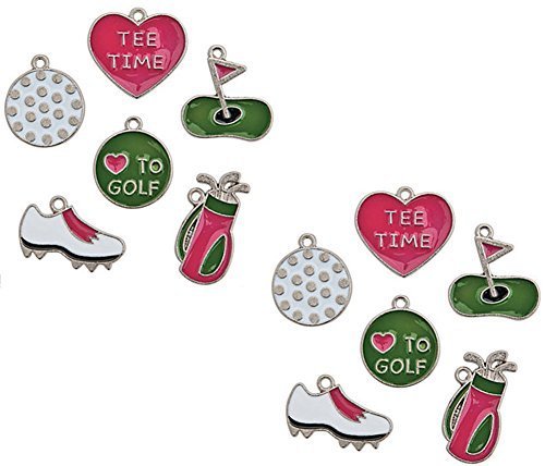 Golf Charms Enamel Set (12 Qty) Bag Ball Shoes Tee Time Green Pink