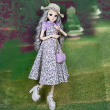 Proudoll 1/3 BJD Doll 60cm 24Inches Ball Jointed SD Dolls Move Joints Action Figures Caroline Hat Wig Blouse Dress Crossbody Bag Shoes (Purple)