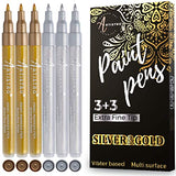 Paint Pens for Rock Painting, Stone, Ceramic, Wine Glass, Wood, Fabric, Canvas, Metal, Scrapbooking. (6 Pack) Set of 3 Gold & 3 Silver Acrylic Paint Markers Extra-Fine Tip 0.7mm