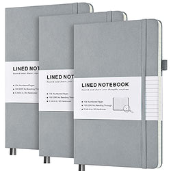 Lined Journal Notebook, 3 Pack Hardcover Notebook with Numbered Pages and Index Content, 2 Inner Pockets, 2 Ribbon Bookmarks, 100 GSM Thick Paper A5 Ruled Journal, Grey