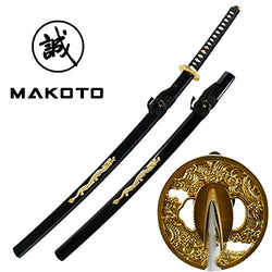 Makoto Hand Forged Sharp Samurai Sword - Crystal Golden Dragon on Saya