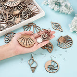 FASHEWELRY 80Pcs Unfinished Wooden Earrings Chamrs 8 Styles Natural Wood Filigree Shell Charms with 80Pcs Jump Rings & 80Pcs Earring Hooks for Jewelry Making