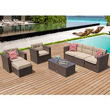 Super Patio 7 Pieces Patio Furniture Set, Outdoor Sectional Rattan Sofa Set, All Weather Wicker Conversation Couch Set with Beige Seat and Back Cushions, Red Throw Pillows, Espresso Brown