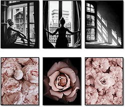 Romantic Roses Fashion Wall Art Prints Set of 6 Black and White Pink Minimalist Wall Art Canvas Painting Posters Prints Poster Set for Living Room Bedroom Home Decor (11"x14" UNFRAMED)