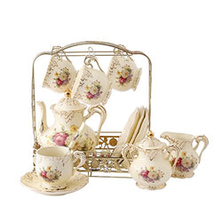 ufengke 11 Piece Creative European Luxury Tea Set, Ivory Porcelain Ceramic Coffee Set With Metal Holder, Hand Painted Red And White Rose Flower, For Wedding Decoration