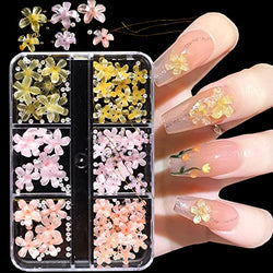 3D Flower Nail Charms for Acrylic Nails, 6 Grids 3D Nail Flowers Rhinestone Clear Pink Orange Yellow Cherry Blossom Summer Acrylic Nail Art Supplies Manicure DIY Nail Decorations