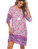 Halife Women Summer Tunic Dress Bohemian Floral Printed Casual Loose Flowy Shift Dresses Pink,M