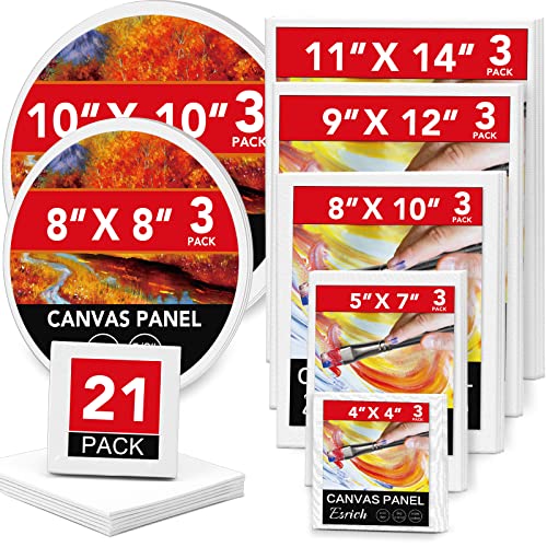 ESRICH Canvases for Painting Blank Cotton Canvas Boards 21Pack with 7 Size  4x4, 5x7, 8x10, 9x12, 11x14，Round Canvas with D8, D10, 3 of Each, Painting