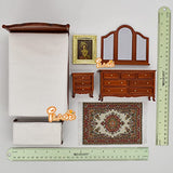 iLAND Wooden Dollhouse Furniture Vintage on 1:12 Scale, Dollhouse Bedroom incl Bed & Bedside Table & Dressing Table & Upholstered Bench & Frame & Waven Rug (Walnut 6pcs)
