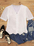 BLENCOT Women's Fashion Summer Short Sleeve Tops V Neck Lace Hem Basic Tee Shirts Pom Pom Chiffon Flowy Blouses Boho Clothing for Women White X-Large